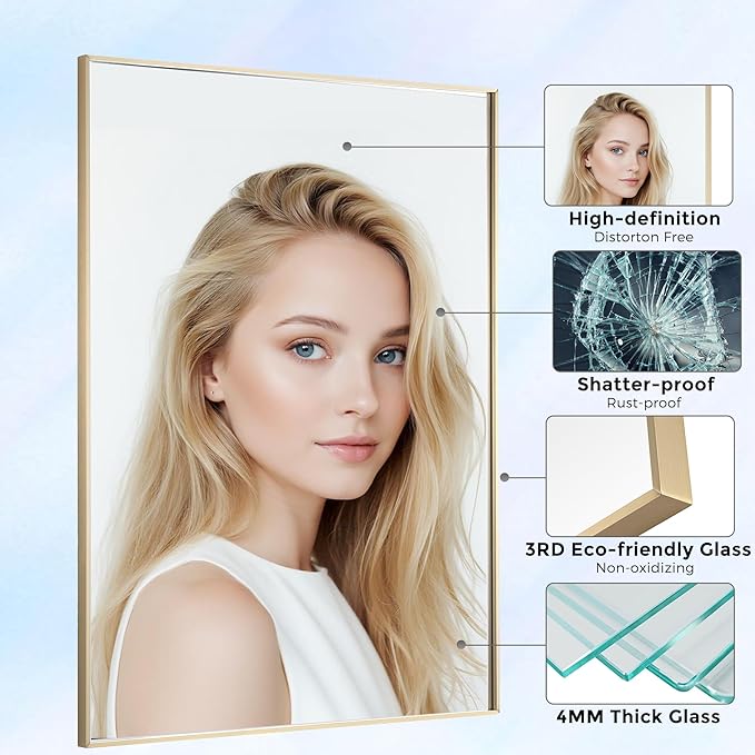 30x30 Inch Brass Bathroom Mirror for Wall, Aluminum Frame Rectangle Rectangular Vanity Mirror, Modern Large for Bedroom, Living Room, Horizontal or Vertical