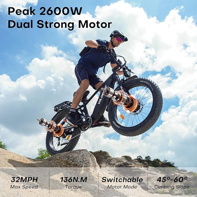 2600W Dual Motor Electric Bike for Adults 48V 30AH Removable Battery 32MPH 26" Terrain Fat Tire 80 Miles Long Rang Mountain Bike Full Suspension with Hydraulic Disc Brake UL2849 Certified Bicycle
