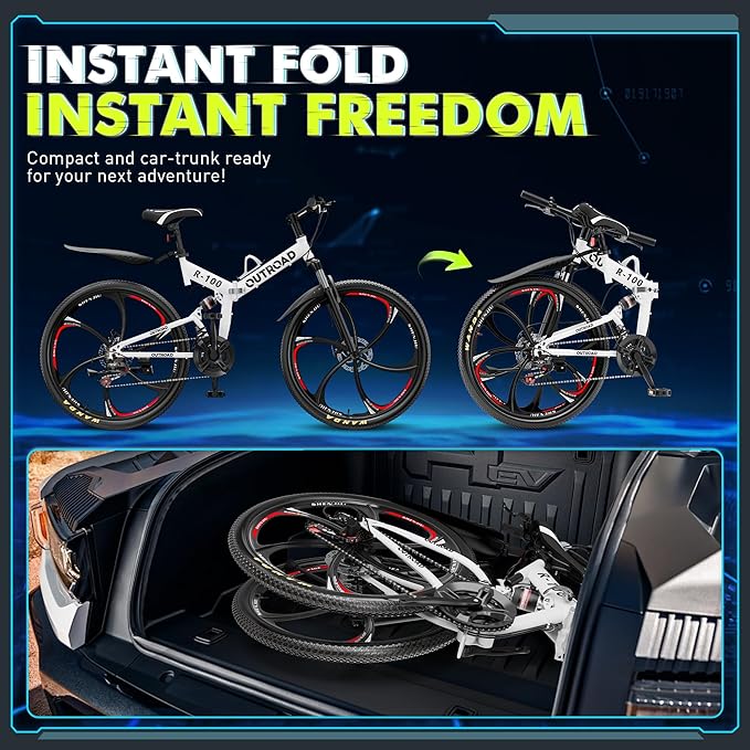 26 Inch Folding Mountain Bike, 21 Speed Full Suspension Bicycle with High-Carbon Steel, Dual Disc Brake Non-Slip Quick Release tire Folding Bicycle for Adults/Men/Women