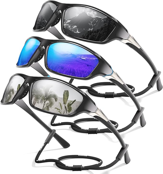3 Pack Polarized Sports Sunglasses for Men, Mens Sunglasses Wrap Around UV400 Protection for Cycling Fishing Driving