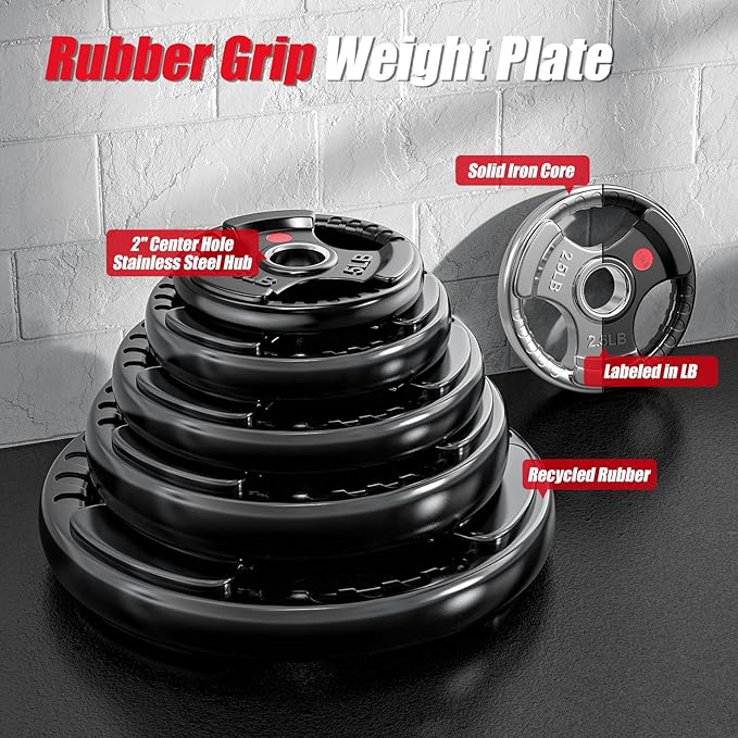 GIKPAL 2-inch Rubber Olympic Grip Weight Plates for Strength Training, Weightlifting in Home & Gym, Barbell Weights Plates Set (2.5/5/10/25/35/45 LB)