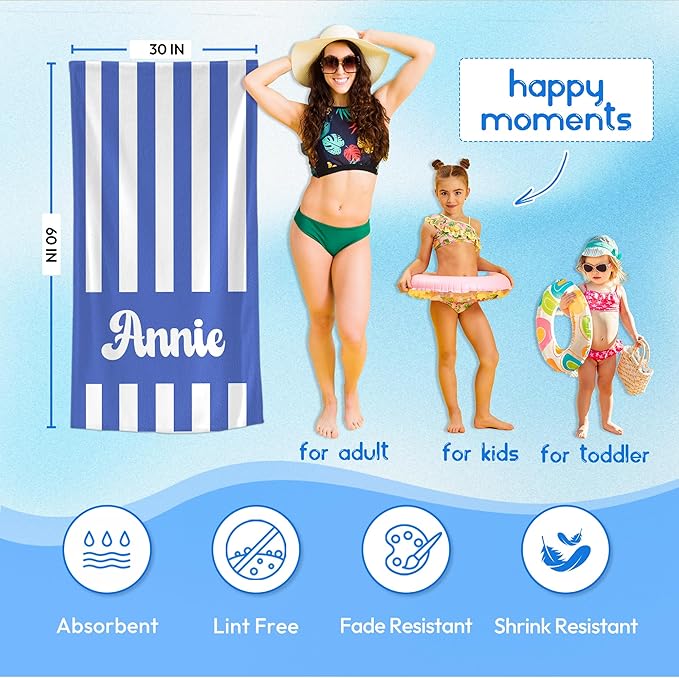 JML Personalized Beach Towel with Name, Custom Cabana Stripe Beach Towel, Customized Microfiber Pool Towel, Quick Dry & Absorbent Swim Towel for Adult,Mother's Day, Birthday, Summer Holiday,Vacation