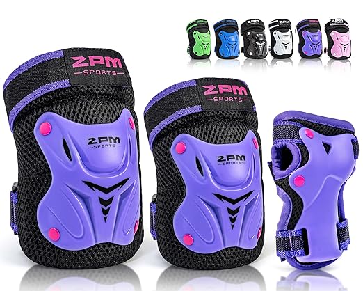 2PM SPORTS Knee Pads for Kids, Wrist Guards Knee and Elbow Pads Set with Drawstring Bag, Protective Gear Set for Girls Boys Roller Skating Cycling Skateboard - Purple Medium