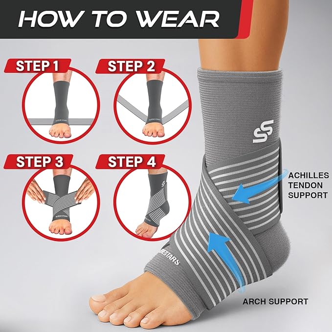 Sleeve Stars Ankle Brace for Women & Men, Ankle Wrap for Sprained Ankle, Compression Sleeve for Plantar Fasciitis Relief, Easy Customizable Support: w/Removable Strap (Pair/M:10"-12"/Gray)