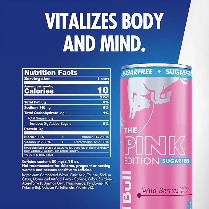 Red Bull Pink Edition Sugar Free Energy Drink, Wild Berries, 8.4 fl. oz., Case of 24 cans, with 80mg Caffeine, Taurine & B Vitamins
