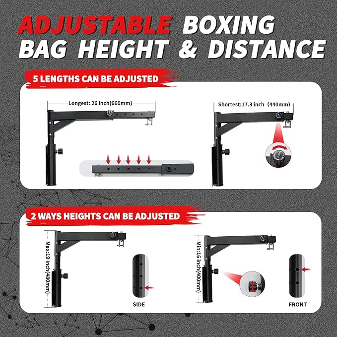 Heavy Bag Hanger Wall Mount Punching Boxing Bag Bracket -Square Tube, Heavy Duty Adjustable Length & Height for Boxing, Taekwondo, Muay Thai Bags, for Home Gym Installation