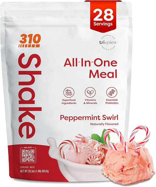 310 Nutrition All-In-One Meal Replacement Shake Powder - Plant-Based Protein Smoothie Blend w/High Fiber, Probiotics & Adaptogens - Low Carb, Vegan, Keto & Paleo Friendly - Peppermint Swirl - 28 Srv