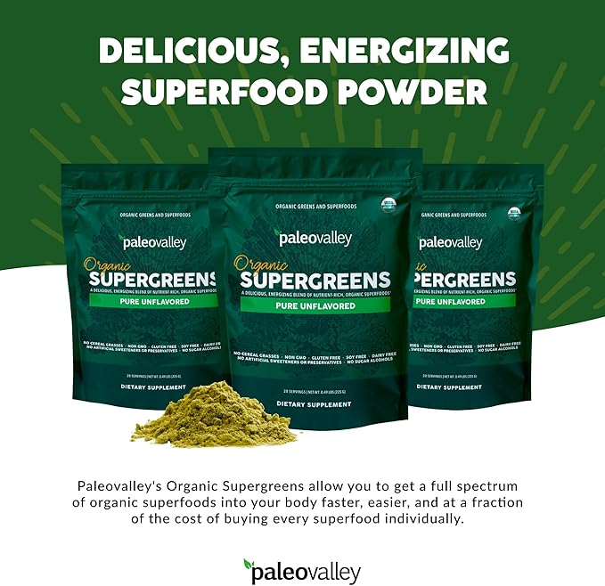 Paleovalley Organic Supergreens Powder - 23 Superfoods with Prebiotic Fiber for Energy and Immunity Support - No Cereal Grasses for Maximum Absorption - Pure Unflavored, 30 Servings