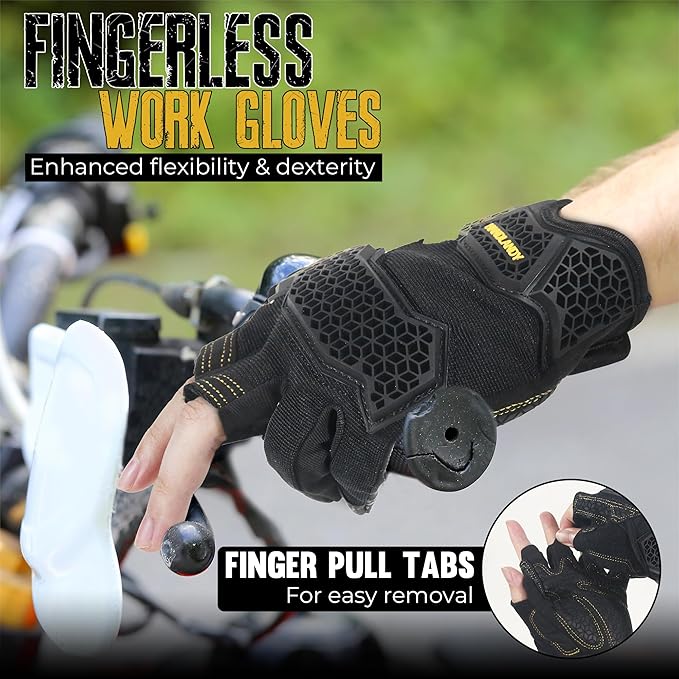 HANDLANDY Fingerless Framer Work Gloves for Men, Utility Grip Paded Gloves for Tactical Shooting Airsoft Hunting Driving (Black- 3 Fingerless, Medium (Pack of 1))