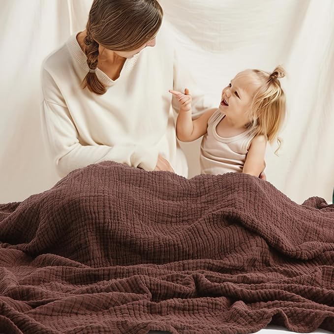 Carriediosa 100% Cotton Muslin Throw Blanket 66" X 90" Twin XL Size，4-Layers Summer Gauze Throws for Bed Couch，Soft Lightweight Breathable Linen Blankets Bedspread for Adults All Season，Dark Brown