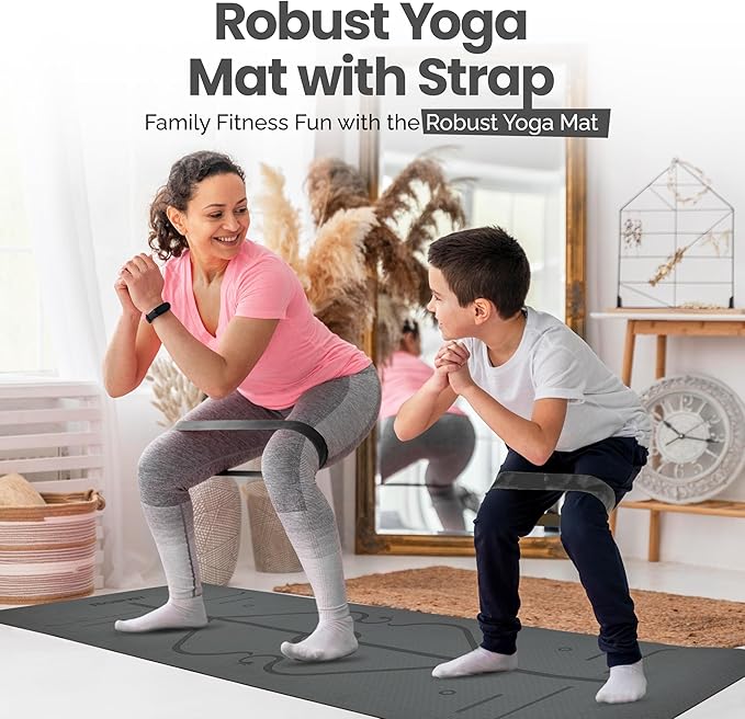 Robust Non-Slip Yoga Mat with Strap, 1/4" Thick TPE Eco-Friendly Workout Mat for Yoga with Position Lines and Texture Surface, Gym Mat for Women, Men, Pilates and Exercises Anti-Tear Sweat-Proof Exercise Mat