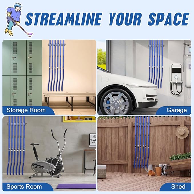 Hikeen Hockey Stick Wall Mount, Enhanced Stability Ice Hockey Stick Display Holder, Space-Saving Hockey Stick Organizer Holds up to 6 Sticks for Any Home Office Wall