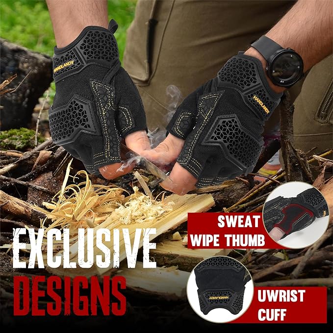 HANDLANDY Fingerless Work Gloves for Men, Padded Impact Tactical Mechanics Gloves, Grip Utility Trucker Driver Gloves (Black- impact, Large (Pack of 1))