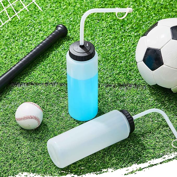 Domensi 4 Pack 1 Liter Sports Water Bottle W/long Straw Hockey Lacrosse Water Bottle with Straw Bpa Free Squeeze Plastic Use Sport Helmet in Football Baseball Gym(Translucent,Classic)