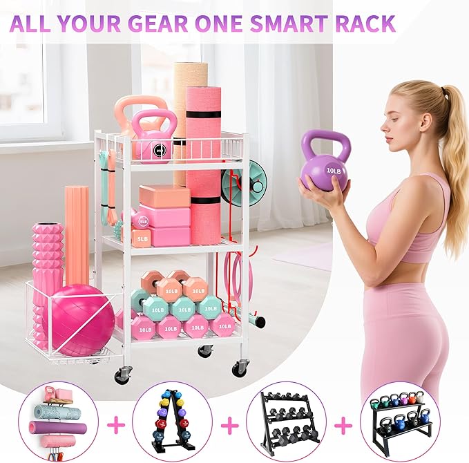 3-Tier Home Gym Storage Rack, Adjustable Yoga Mat Storage Rack, 250LBS Metal Workout Equipment Storage Cart with Large Basket & Lockable Wheels for Mats, Bands, Foam Rollers, Yoga Block