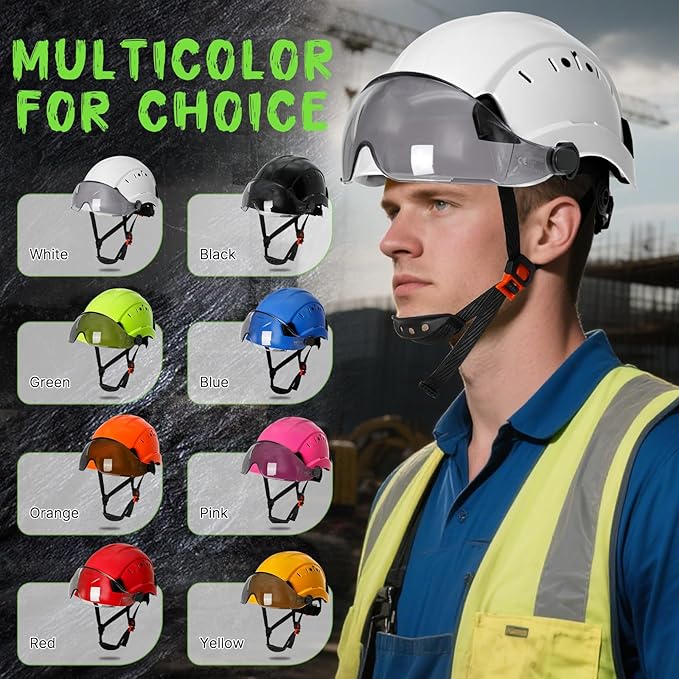 AOLAMEGS Construction Safety Hard Hat - ANSI Z89.1 Approved Safety Helmet with Visor & 50pcs Hard Hat Stickers Sliding Vented Hardhat for Men Women Adults Industrial Workwear Outdoor (Smoke Visor)
