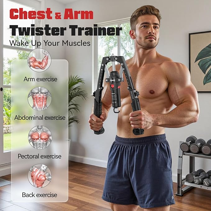 FLYBIRD Chest & Arm Twister Trainer, Hydraulic Power Chest Press Machine 22-440lbs for Upper Body Strength Training, 2-in-1 Chest Trainer with Ab Roller Wheel (Backpack & Pad Included)
