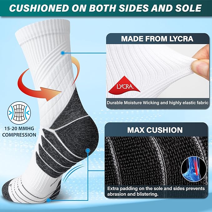 Hylaea Compression Running Socks for men, Coolmax Anti-Blister Cushion Crew Socks for Athletic, Moisture Wicking & Seamless