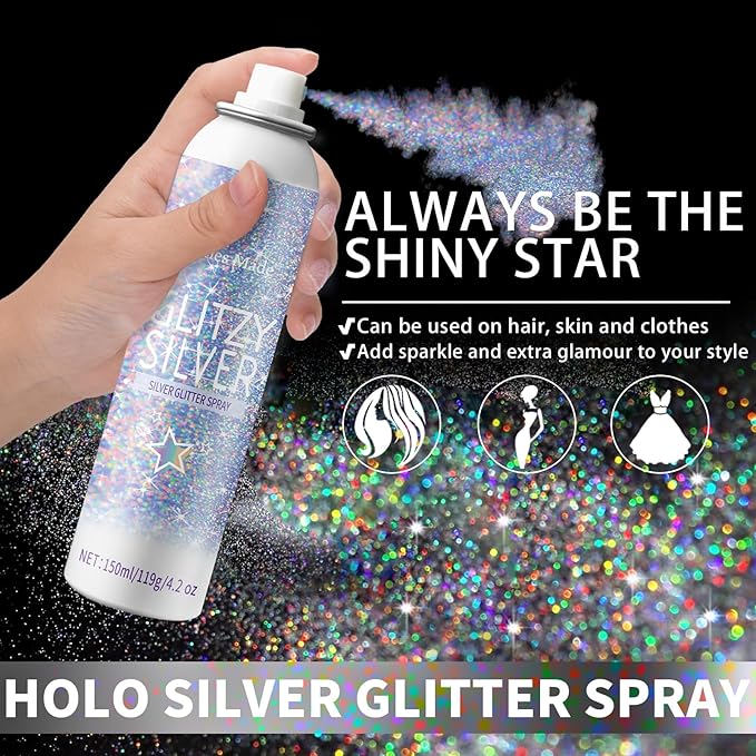 Hair Glitter Body Glitter Spray, 150ML Glitter Hairapray Holographic Silver Glitter Spray for Hair and Boday, Hair Glitter for Kids Women, Body Shimmer Festival Makeup 4.2 Fl Oz