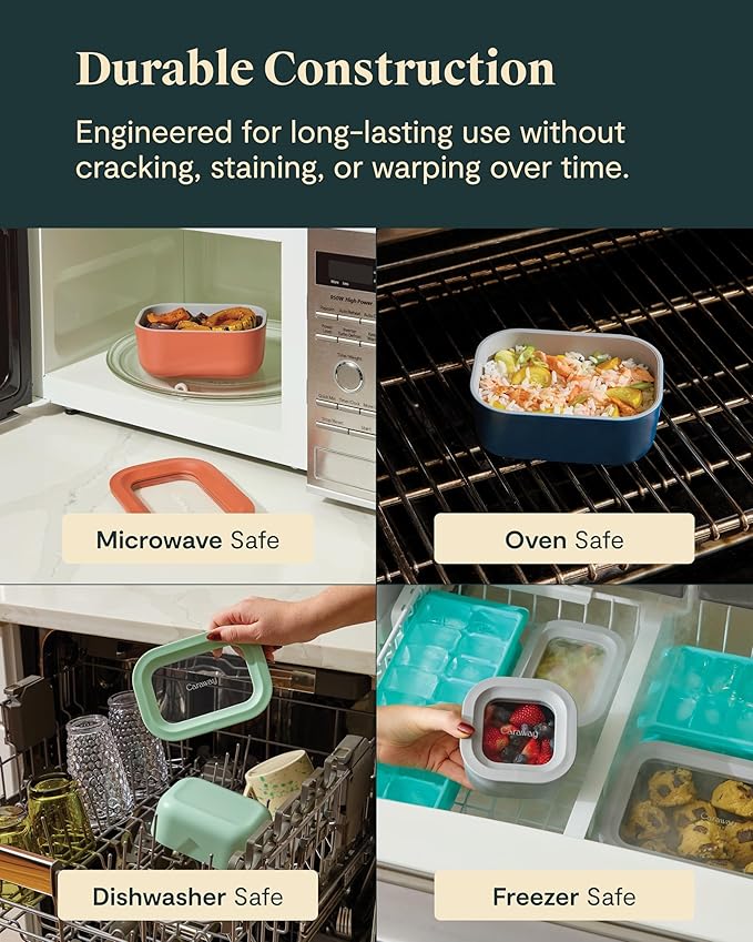 Caraway 6pc Food Storage Container Set - 1.75 Cup Glass Storage Container for Food (6) - Non-Toxic Ceramic-Coated Glass - Air Release Technology - Compact & Stackable Design - Cream