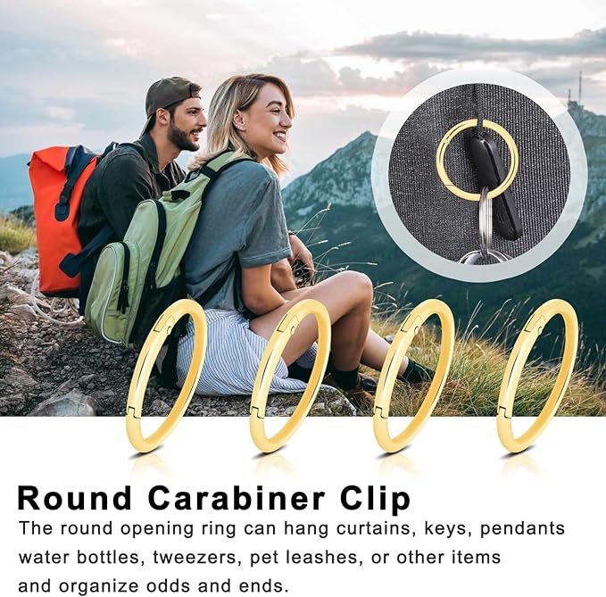 10Pack 1-1/2" Large Round Carabiner Clips, Metal Spring O Rings for Organizer Key Rings, Paracord Keychain Lanyard, Pet Chains, Purse Hardware, Key Snap Hooks DIY Accessory (Gold)