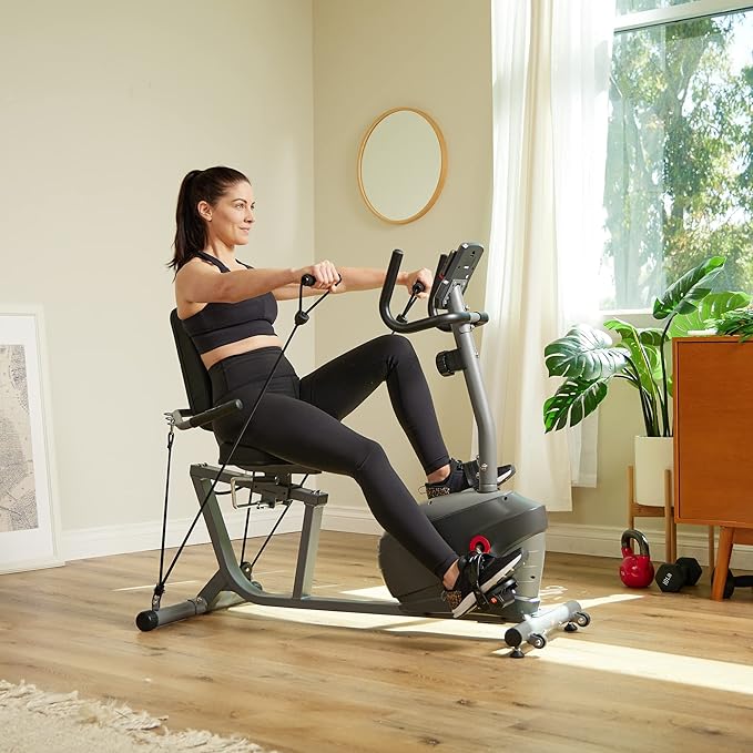 Sunny Health & Fitness Smart Indoor Recumbent Bike Trainer, Home Full Body Workout & Cardio Cycling Machine for Seniors, Free SunnyFit Bluetooth Connect, Optional Arm Exerciser Hand Cycle & Bands