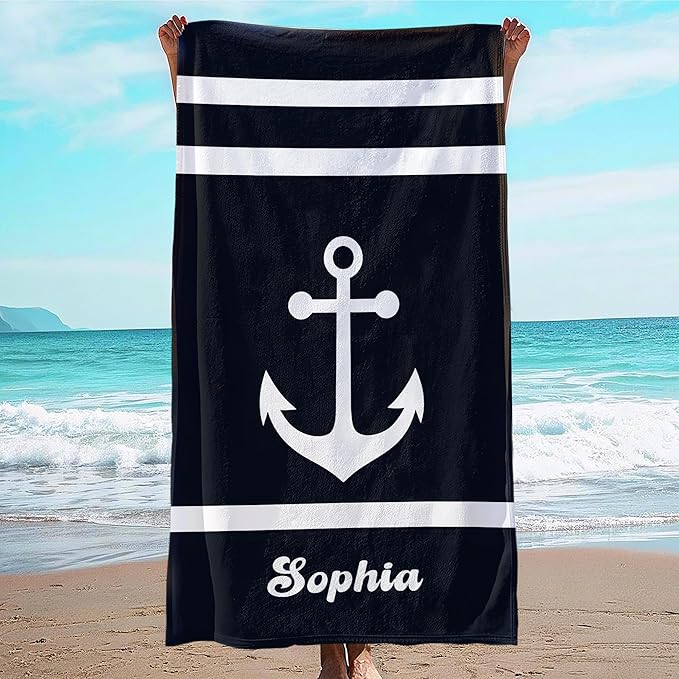 JML Personalized Beach Towel with Name, Custom Anchor Beach Towel, Customized Microfiber Pool Towel, Quick Dry & Absorbent Swim Towel for Adult,Anniversary, Birthday, Summer Holiday,Vacation