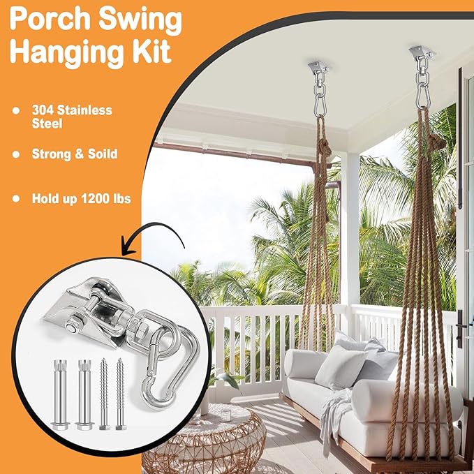 Hammock Hanging Kit 2 Pack, Porch Swing Hanging Kit 1200 Lb Capacity, Hammock Ceiling Hooks Heavy Duty 360° Stainless Steel Rotating Hanging Swing Chair for Hammock Chair Stand, Porch, Yoga, Gym