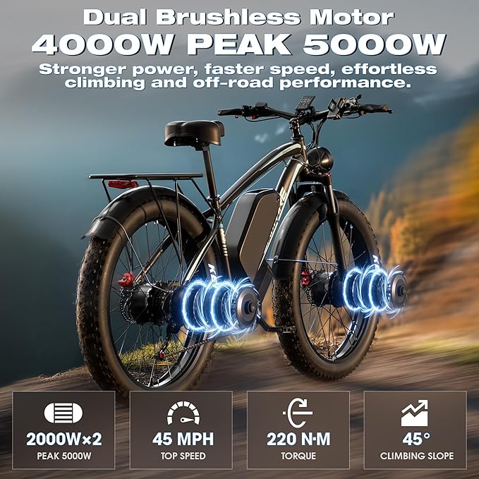 Ebike for Adults Electric, 52V 19.2Ah/32Ah, Peak 2000W/2500W E-Bike, 36/40MPH, 70 Miles/100Miles Long Range, Hydraulic Disc Brake, Off Road Snow Mountain E-Bike, 24"/26" Fat Tire Fast Electric Bicycle