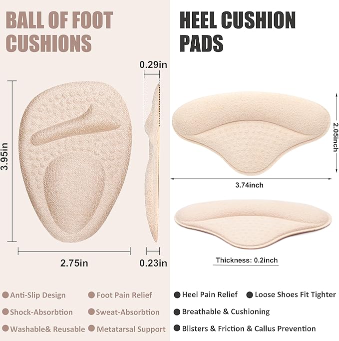 Ball of Foot Cushions,Metatarsal Pads for Women,Heel Cushion Pads, Heel Grips Liners for Heel Pain Relief, Blisters,Friction, Non-Slip Shoe Inserts for Loose Shoes,Shoe Fillers Make Shoes Fit Tighter