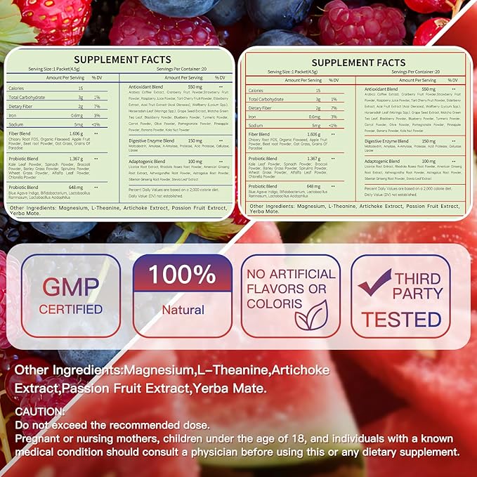 Newpie Superfoods Happy Cleaner Probiotic Powder,Watermelon&Mixed Berry Flavor Organic Prebiotic & Probiotic Fiber Powder,Sugar Free,Gut Health For Women Men (20+20 Packet, Watermelon&Mixed Berry)