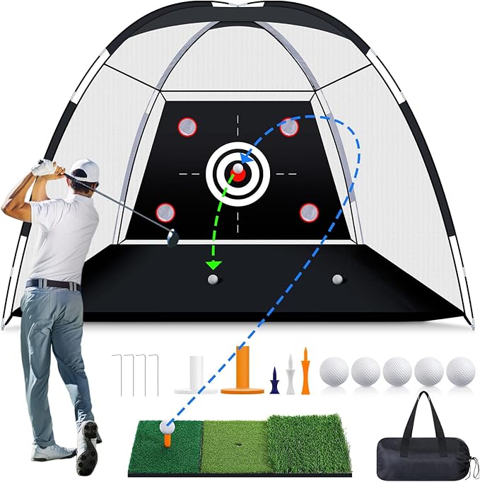 MoKo Golf Net with Practice Mat, 10 x 7 ft Golf Hitting Net for Outdoor Indoor Backyard Driving Chipping Swing Training, All-in-One Multi-Target Training Aid Practice Nets with Tri-Turf Mat