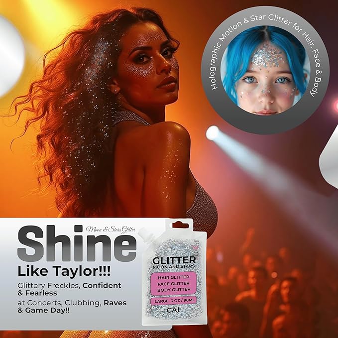 Hair Glitter Gel – Body Glitter for Kids and Women – Iridescent Cosmetic-Grade Gel w/Moon & Stars for Hair, Body & Face, Applies Smoothly w/o Glue & Washes Off Easily, 3 Oz - Purple/Silver 2Pack