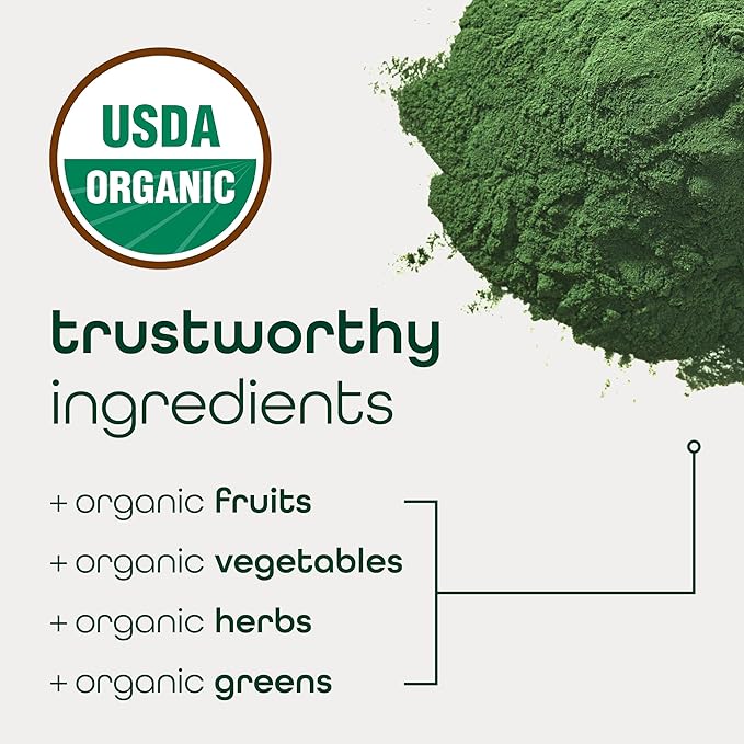 Zena Nutrition Organic Super Greens Powder, 70+ Superfoods, 0 Sugar, 3G Fiber, Spirulina, Chlorella, Antioxidants, Prebiotics/Probiotics, Digestive Enzymes, Green Apple, 30 Drink Mix Packets