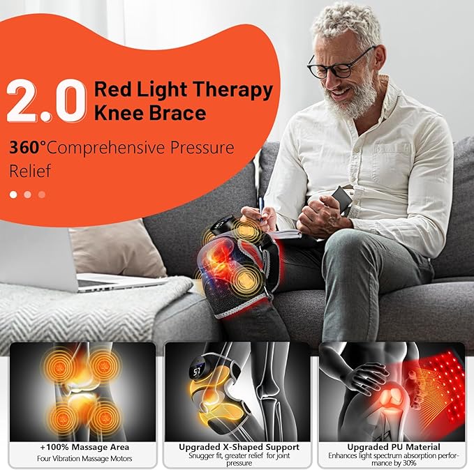 HALIDODO Upgrade 4 Vibration Massage Area Knee Brace & Red Light Therapy for Knee Pain Relief 660nm&850nm Red Light Therapy Device for Knee/Joint/Elbow/Shoulder Pain Relief, Gift for Mom
