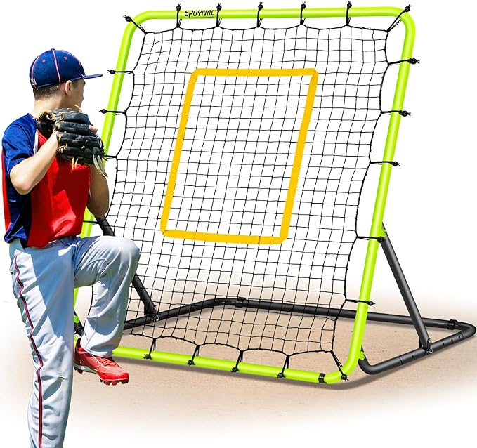 Baseball Rebounder Net 4x4.5FT - 5 Adjustable Angles Baseball Training Equipment for Ground, Line Drive & Fly Balls, Soccer Softball Volleyball Rebounder, Bounce Back Net with Hangbag