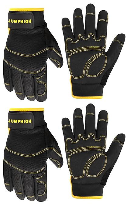 JUMPHIGH Safety Work Gloves 2 Pairs, Men's Utility Mechanic Working Gloves for Gardening Construction, Touchscreen Compatible, Flexible Breathable Fit, Knuckles & Palm (M)