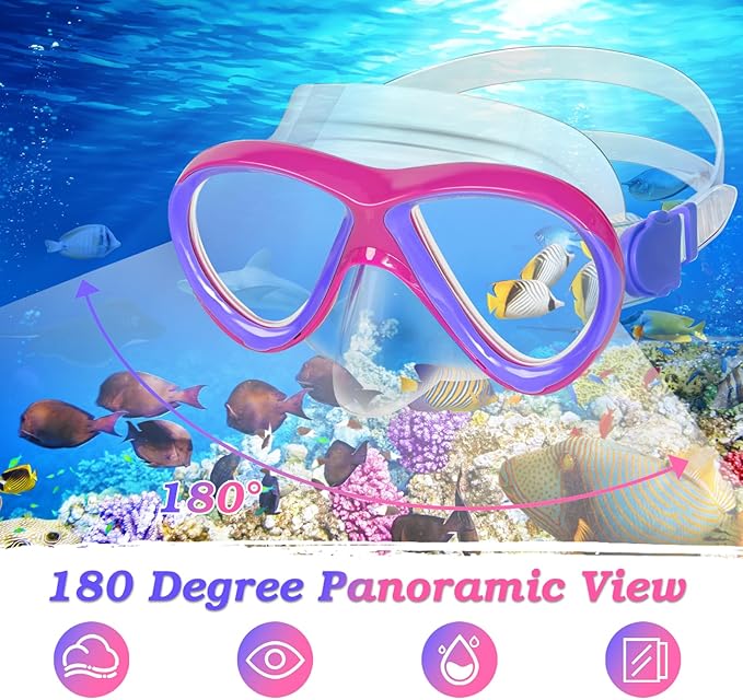 Kids Mask Fins Snorkel Set, Dry Top Snorkeling Gear for Kids Youth Boys Girls Junior Age 5-15 Tempered Glass Snorkel Mask Set Panoramic View Snorkeling Packages