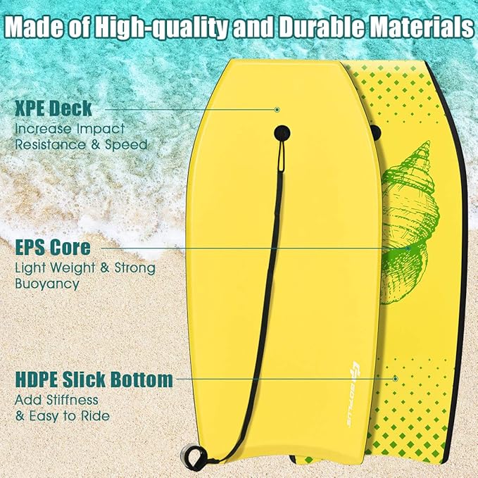 Goplus 41''/37''/33'' Lightweight Body Board for Beach, Surf Board with EPS Core, XPE Deck, HDPE Slick Bottom, Wrist Leash, Bodyboard for Kids Adults Surfing