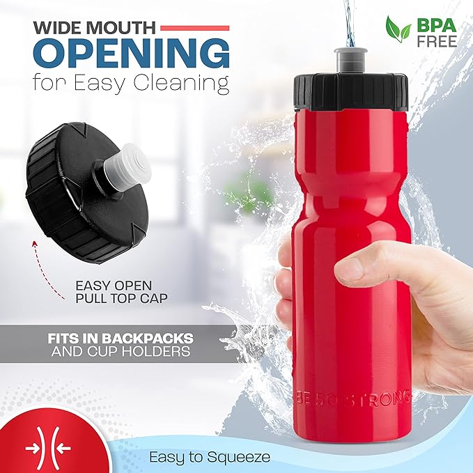 50 Strong Sports Water Bottles – Reusable 22 oz BPA-Free Plastic Bottles with Pull Top Cap – Made in USA – Top Rack Dishwasher Safe – Fits Most Bike Cages Brand