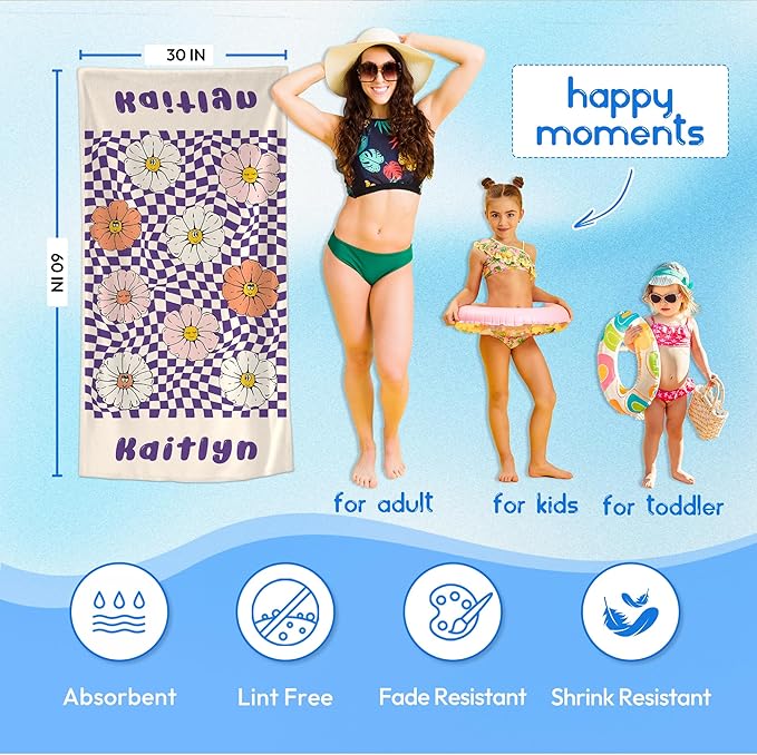 JML Personalized Beach Towel with Name, Custom Flower Beach Towel, Customized Microfiber Pool Towel, Quick Dry & Absorbent Swim Towel for Adult,Anniversary, Birthday, Summer Holiday,Vacation