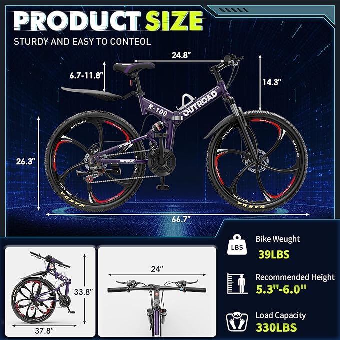 26 Inch Folding Mountain Bike, 21 Speed Full Suspension Bicycle with High-Carbon Steel, Dual Disc Brake Non-Slip Quick Release tire Folding Bicycle for Adults/Men/Women