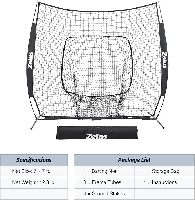 ZELUS Baseball Net 7 ft x7 ft, Softball Hitting & Pitching with Carry Bag, Ground Stakes, Portable Backstop & Bow Frame, Training Equipment for All Ages