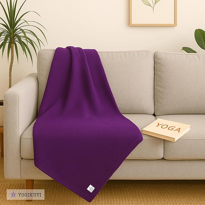 Yogikuti Iyengar Cotton Yoga Blanket Set of One – Thick Handwoven Yoga Blankets for Restorative Yoga, Meditation & Pranayama – Premium Cotton Yoga Blanket for Support & Comfort in Pranayama (Purple)