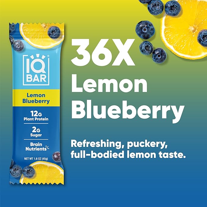 IQBAR Brain and Body Plant Protein Bars - Lemon Blueberry - 36-Count Low Carb - Gluten Free, High Fiber, Vegan Snacks - Low Sugar Meal Replacement