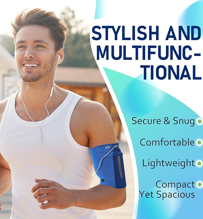 HiRui Running Armband Sleeve Universal Sports Armband Cell Phone Holder Armband for Exercise Workout, Compatible with iPhone 16/15/14/13/Plus/Pro Samsung Galaxy All Phones (M, Blue)