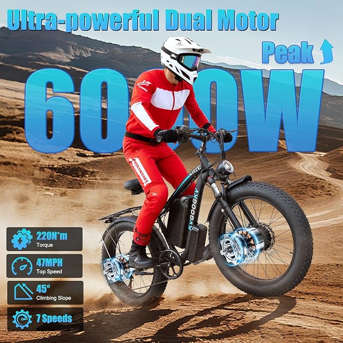 6000W Dual Motor Electric Bike for Adults - 58V Max-Output 1856Wh Fast Ebike with 47 MPH,Up to 105 Miles,24" Fat Tire Hydraulic Disc Brake Electric Bicycle,Off-Road Snow Mountain Commuter E-Bike