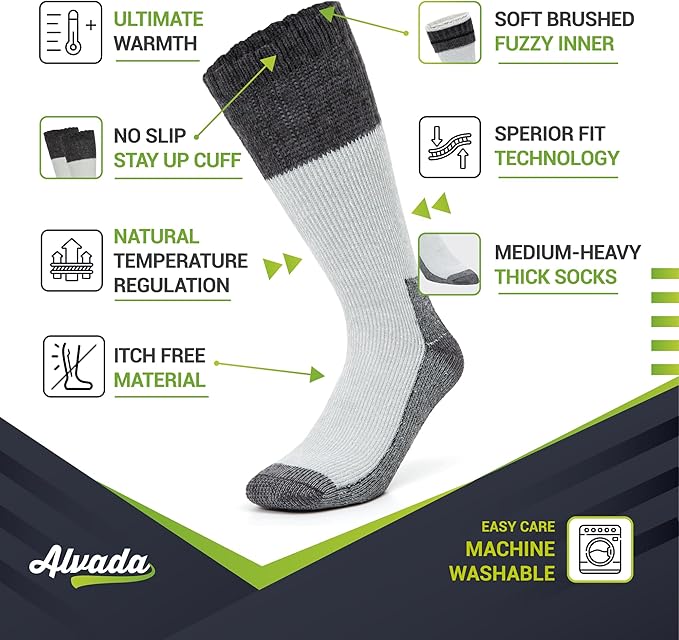 Alvada Merino Wool Hiking Socks Thermal Warm Crew Winter Boot Sock For Men & Women 3 Pairs