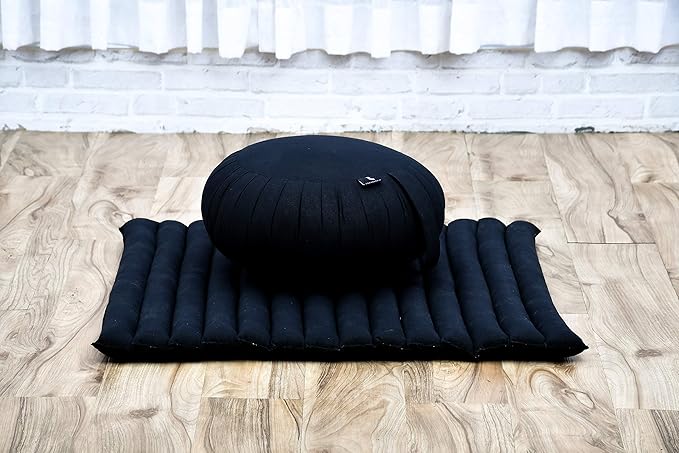 Leewadee Meditation Cushion Set – 1 Round Zafu Meditation Pillow and 1 Square Roll-Up Zabuton Meditation Mat, Pillows Bundle Filled with Kapok