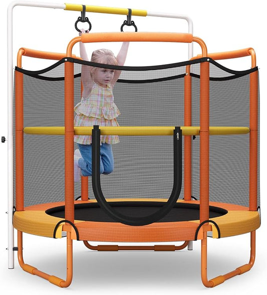 GYMAX 5FT Trampoline for Kids, ASTM Approved with Safety Net & Kitten Trapeze Rings, Indoor/Outdoor